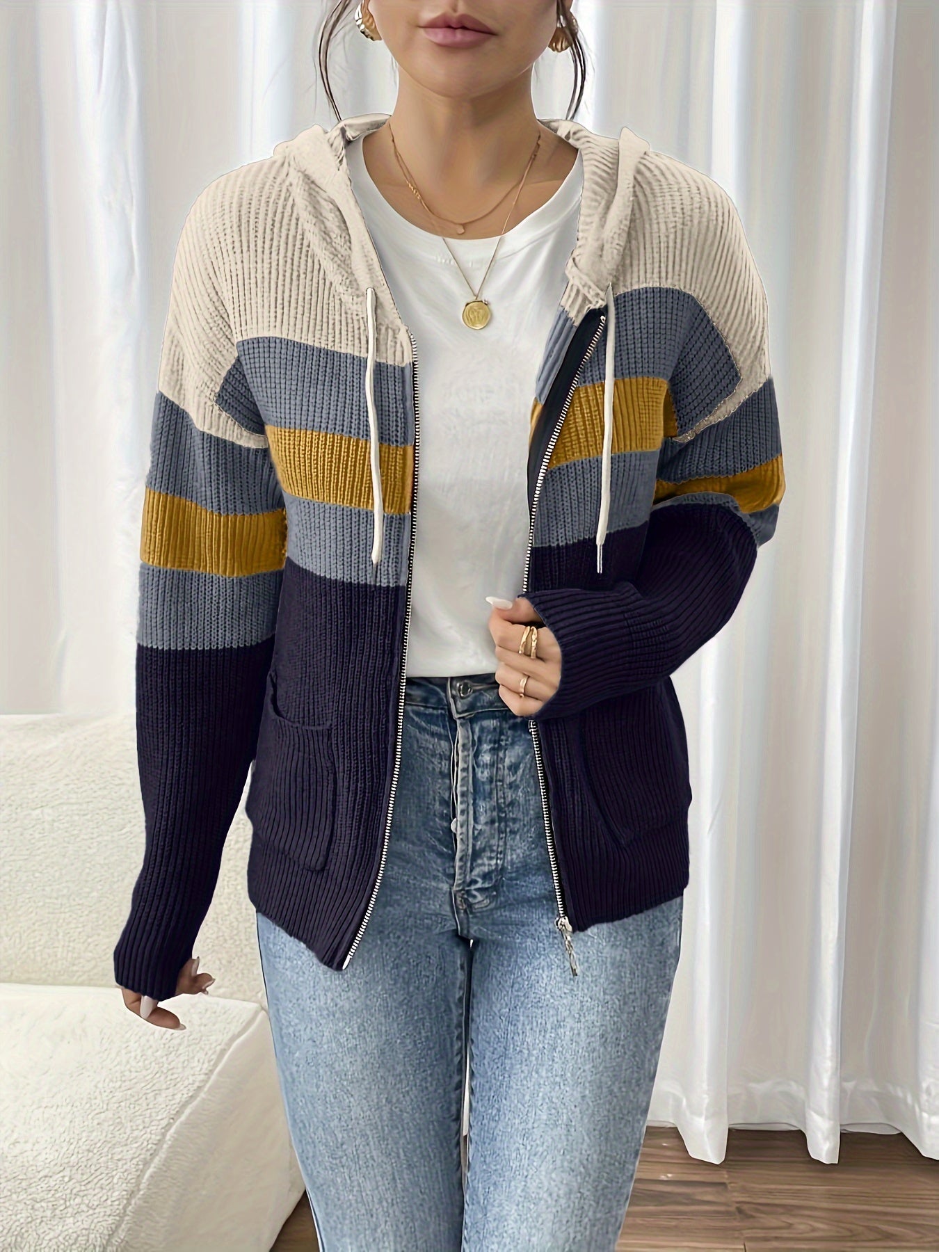 Harriet Devon | Colour-Block Zip Hoodie With Ribbed Knit For Women