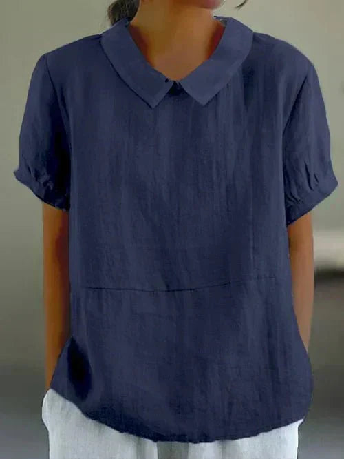 Roseline Hartbourne | Sky Blue Peter Pan Collar Linen-Look Top