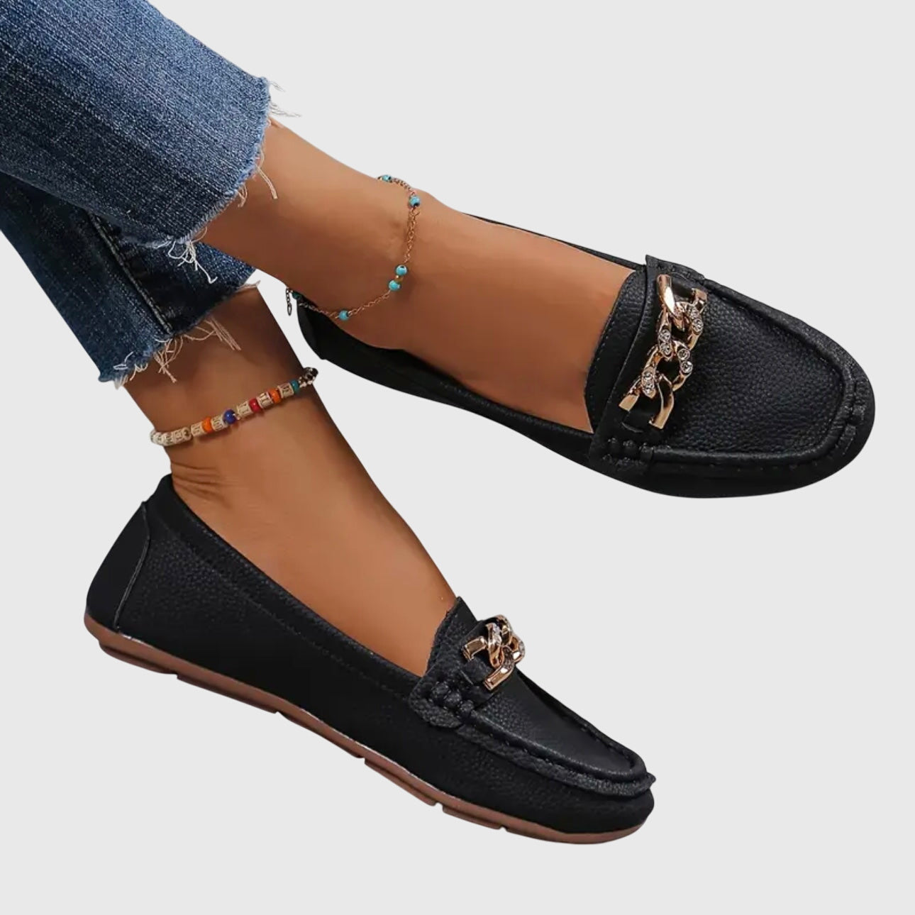 Camille Beaudreau | White Flat Loafers with Gold Chain Detail