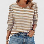 Francine Bellvaux | White Smocked Cuff 3/4 Sleeve Crew Neck Top