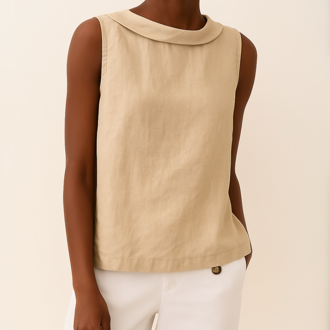 Celeste Dunmore | Sleeveless Roll Collar Top in Blue Grey Linen