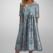 Corinthia Delvaux | Blue Floral Midi Dress with 3/4 Sleeves