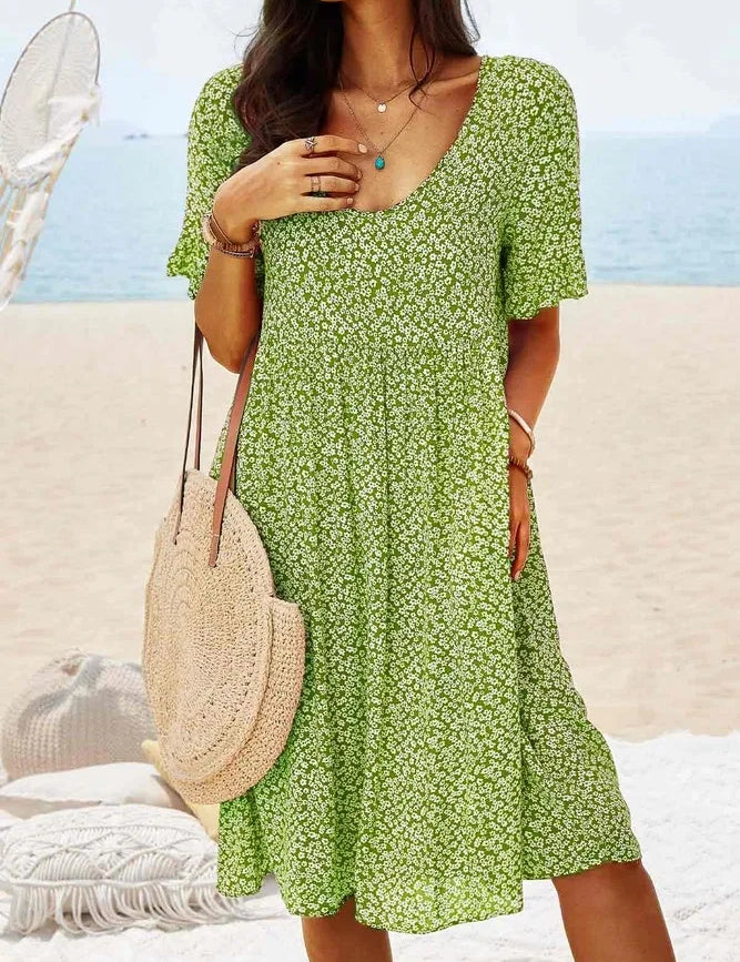 Fleurette Dawnvale | Blue Ditsy Floral V-Neck Smock Midi Dress