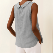 Celeste Dunmore | Sleeveless Roll Collar Top in Blue Grey Linen
