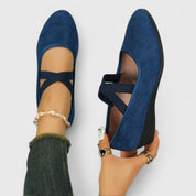 Eleanore Vantisse | Black Suede Cross-Strap Wedge Flats