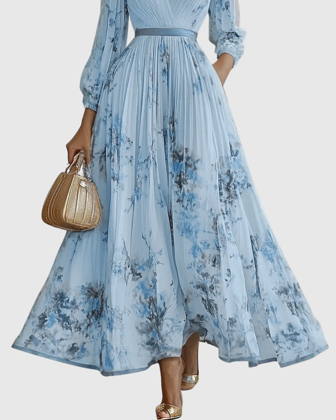 Lucienne Hartwell | Floral Pleated Midi Dress with V-Neck