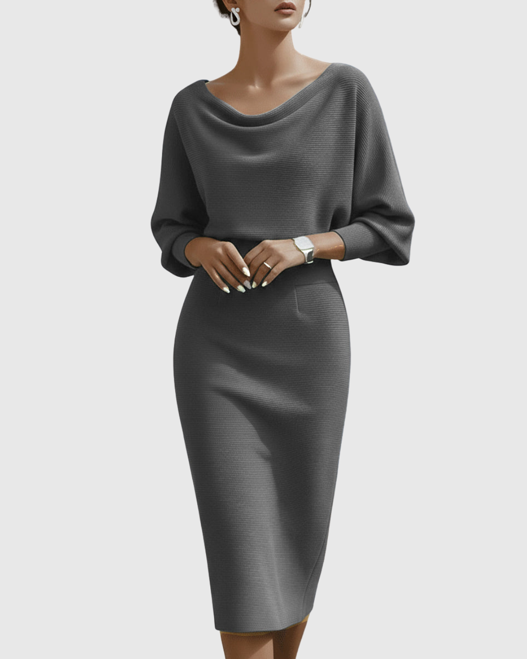 Audrina Velmonte | Black Ribbed Cowl Neck Batwing Midi Dress