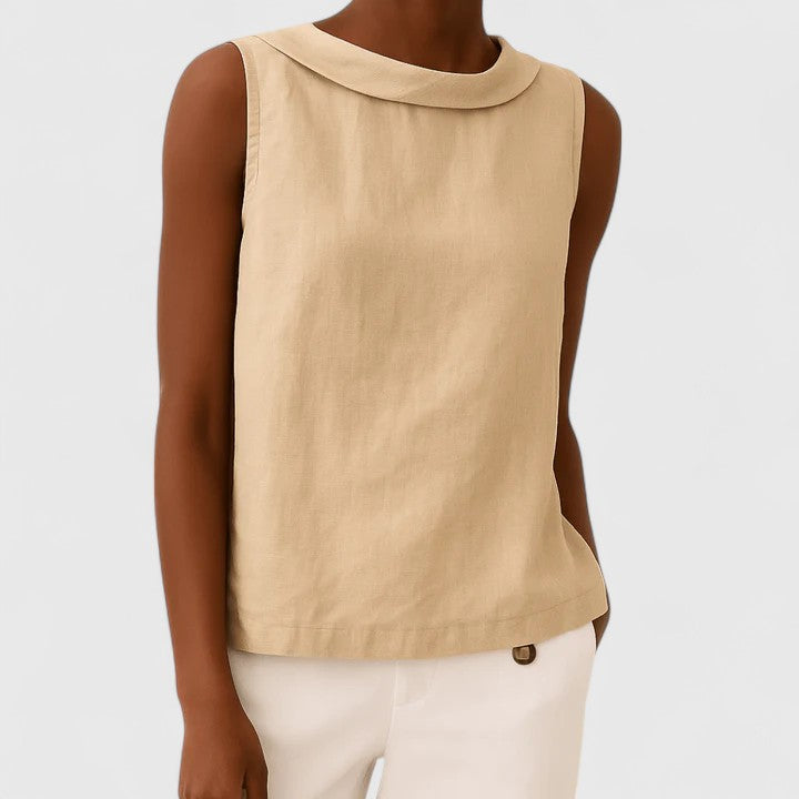 Isabelle Tournier | Sleeveless Linen Roll Collar Top in Blue
