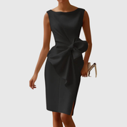 Céleste Wyndborne | Black Sleeveless Boat Neck Midi Dress with Bow