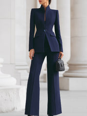 Eleanora Vantisse | Navy Blue Stand Collar Blazer & Wide Leg Pants Two-Piece Set