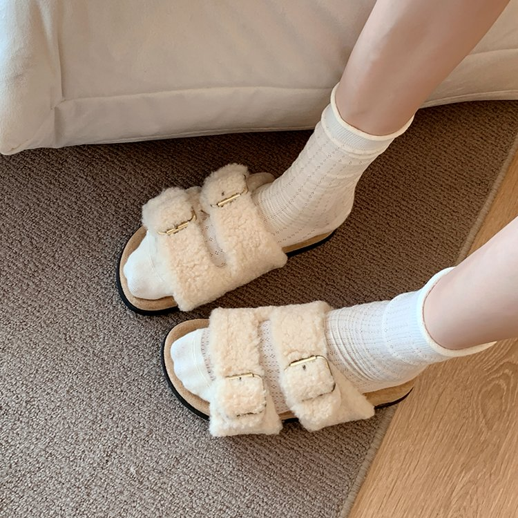 Wynn Goldcombe | Fuzzy Double Buckle Slide Slippers For Women