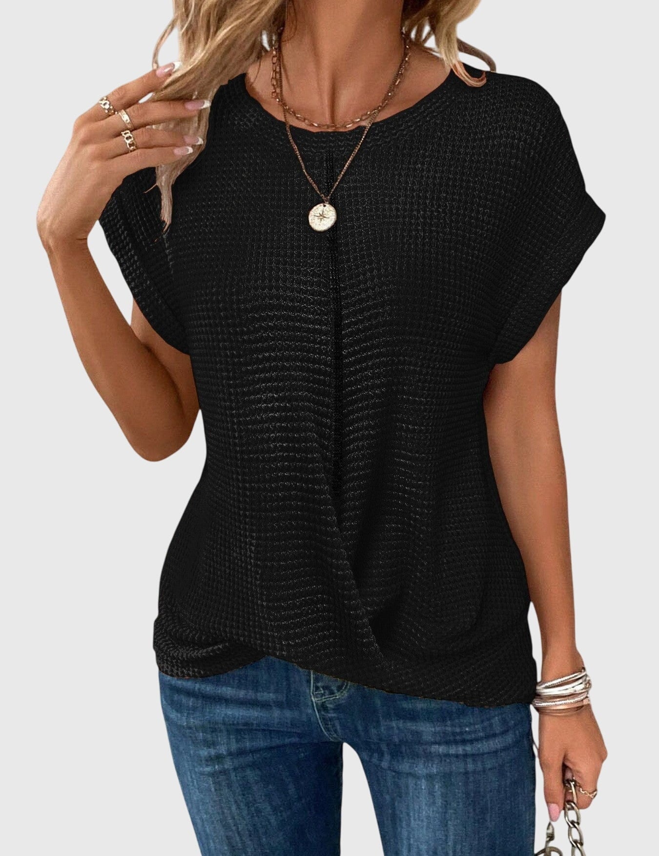 Thalia Wentmore | Rust Orange Waffle Knit Crew Neck Blouse