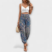 Giselle Tamberlaine | Boho Ethnic Print Smocked Waist Harem Pants