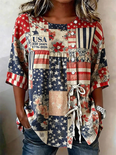 Marlena Whitcroft | USA Patriotic Print Short-Sleeve Top For Women