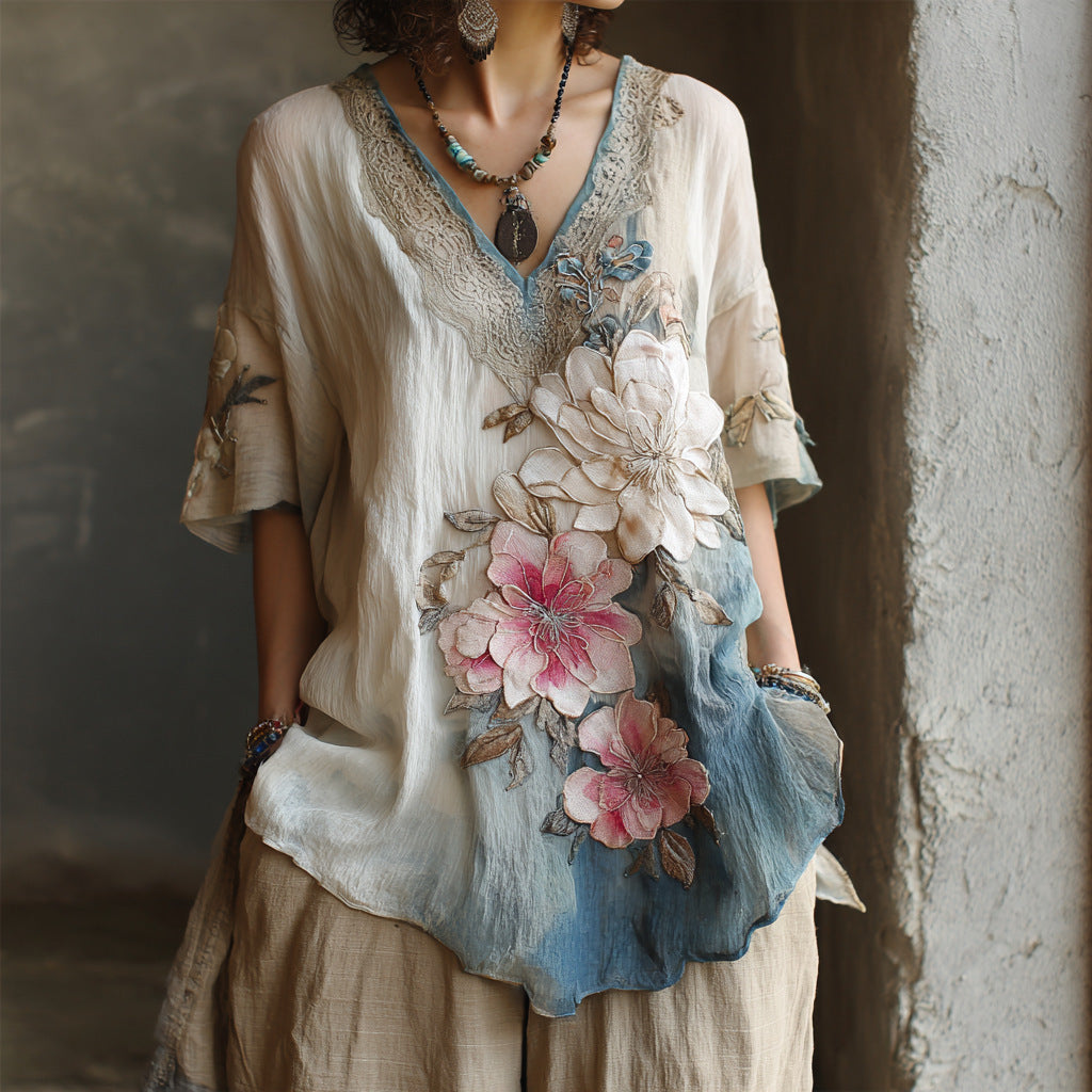 Francesca Beaumont | Floral Embroidered V-Neck Top For Women