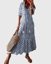 Cressida Montvallon | Blue Ikat Print Boho Maxi Dress