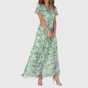 Rosalinda Vaumont | Peach Floral Maxi Dress with Flutter Sleeves