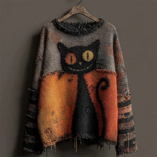 Marceline Duvall | Halloween Cat Print Chunky Knit Sweater For Women