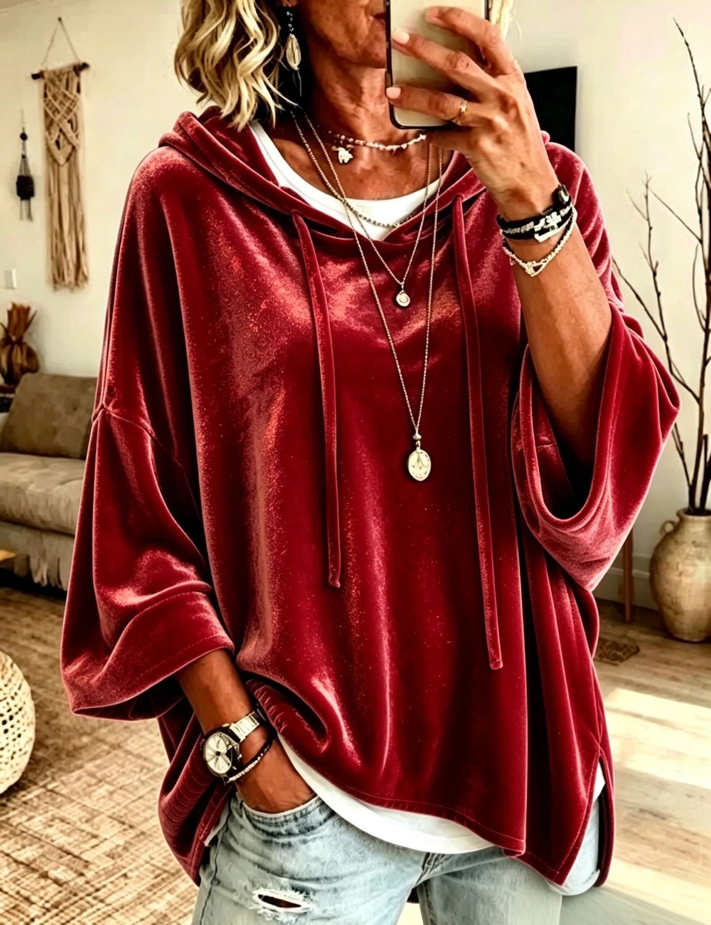 Camille Reynaud | Velvet Hoodie With Drawstring Hood For Women