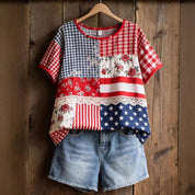 Brielle Davenport | Patchwork Patriotic Short Sleeve Top For Women