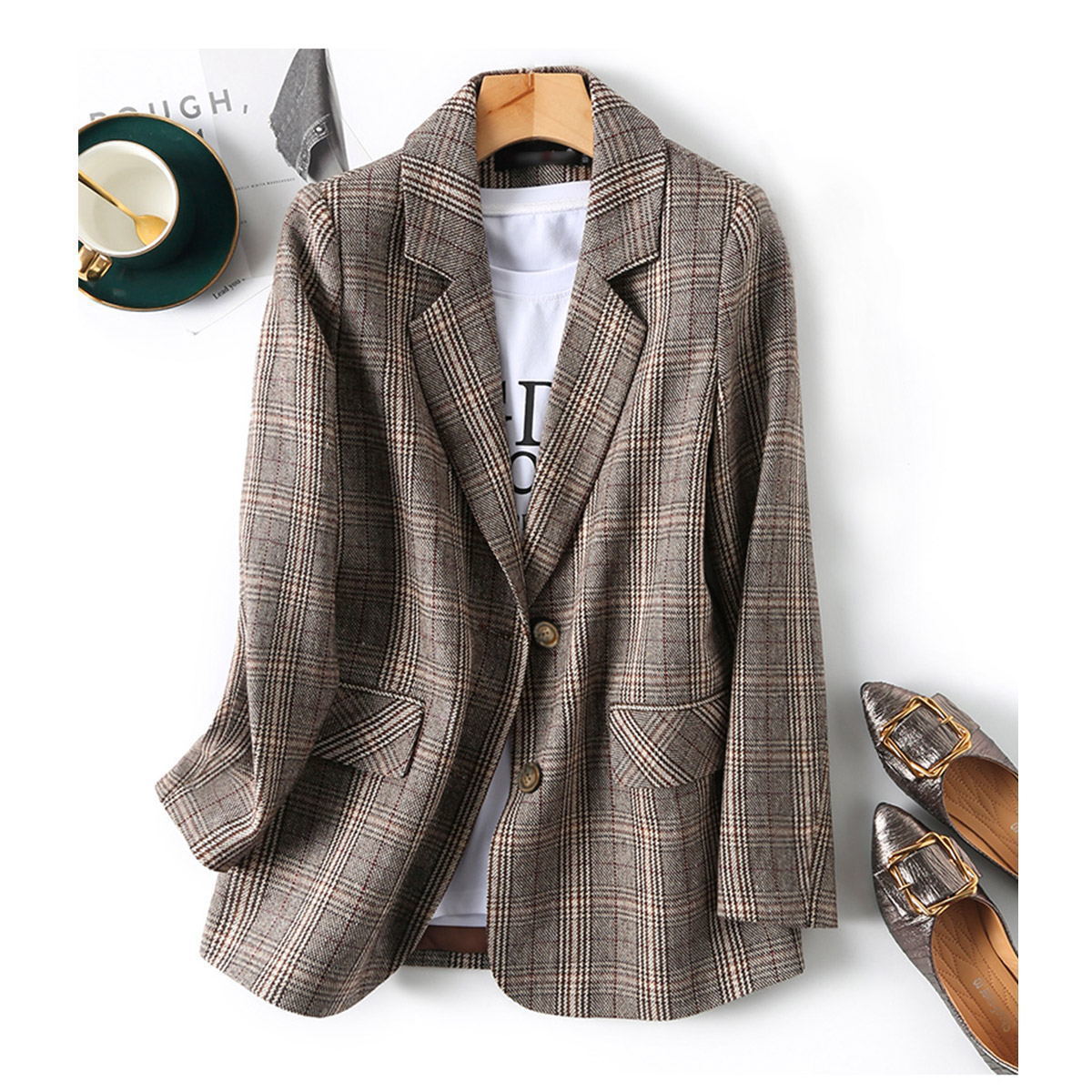 Dottie Walhurst | Brown Plaid Single-Button Blazer For Women
