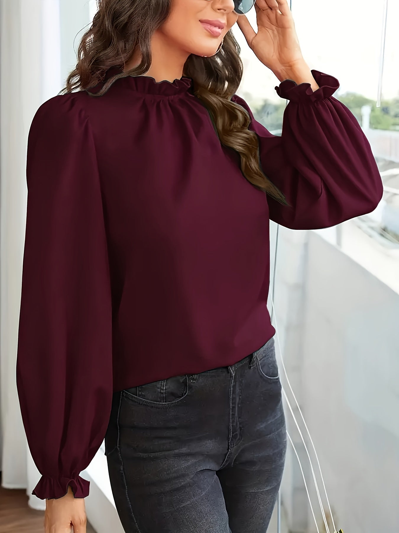 Cosette Vaillant | Rust Ruffled Blouse With Puff Sleeves For Women