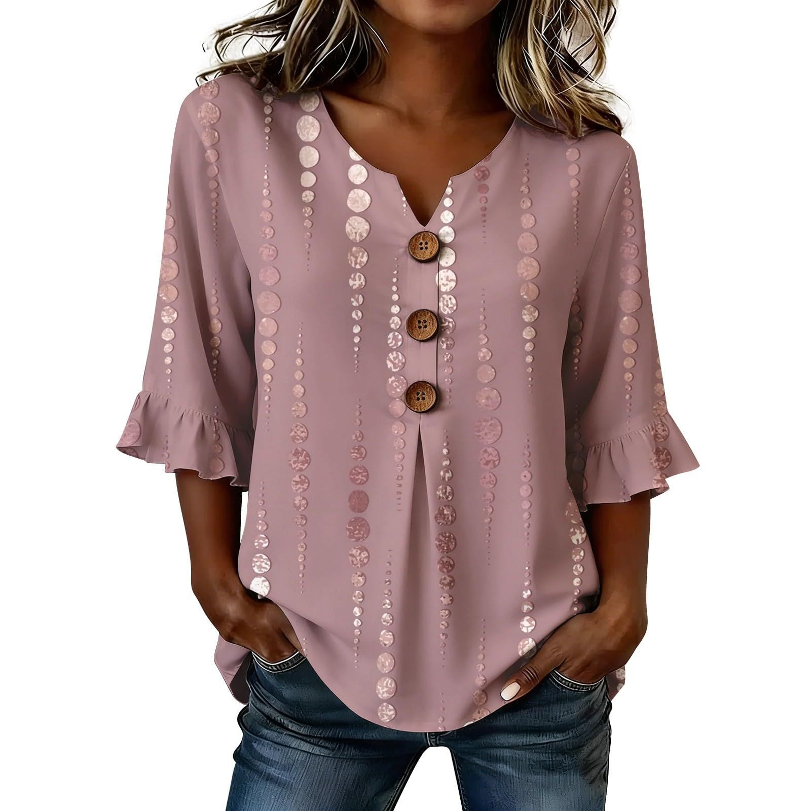 Delia Winsborough | Striped Button-Front Blouse With Ruffle Sleeves For Women