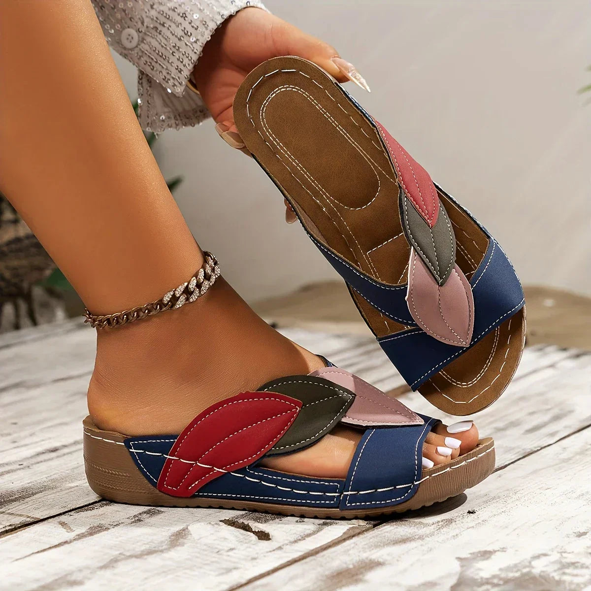 Serena Valmontclair | Colorblock Leaf Appliqué Slip-On Wedge Sandals