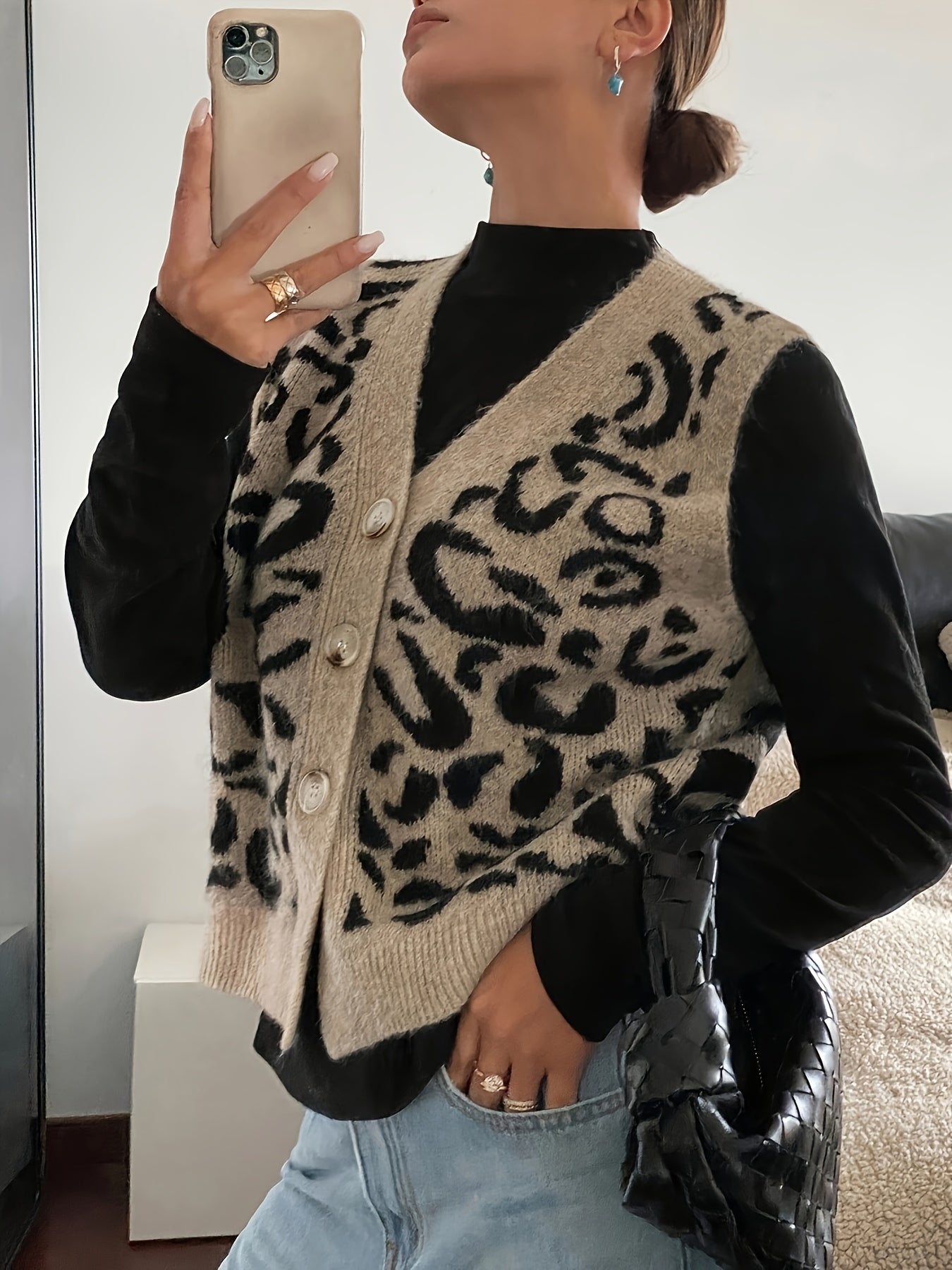 Camille Reyner | Leopard Print Sweater Vest With Button Front