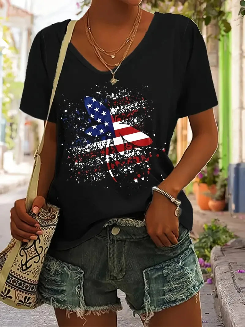 Stella Covington | American Flag Butterfly Graphic T-Shirt For Women