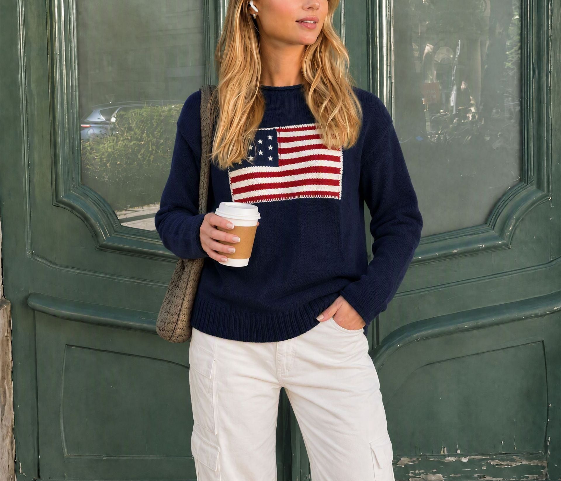 Valentina Fairchild | Cream Knit Veterans Day Sweater With Flag Patch For Women