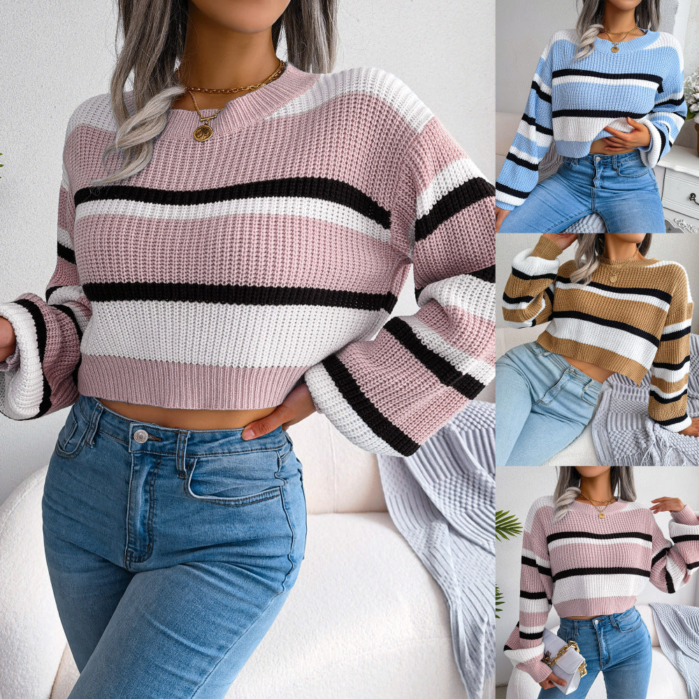Perrine Deschamps | Long Sleeve Striped Crop Sweater For Women