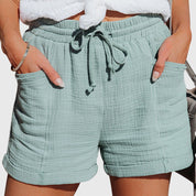 Améline Chartreuse | Cotton Gauze Drawstring Shorts in Khaki