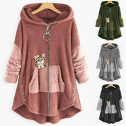 Natalie Fairchild | Cozy Cat-Print Hooded Fleece Coat For Women