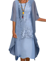 Rosalinde Vaumont | Floral Lace Layered Sheer Sleeve Midi Dress