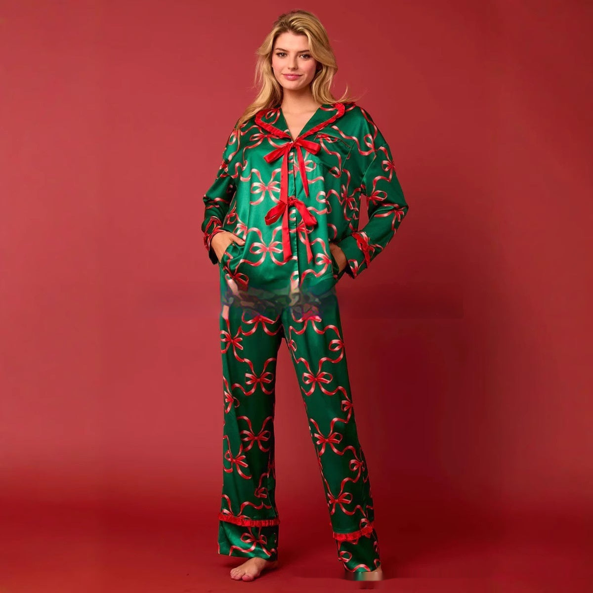 Ribbon Cheer | Green Bow Print Christmas Pyjamas For Women