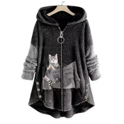 Natalie Fairchild | Cozy Cat-Print Hooded Fleece Coat For Women