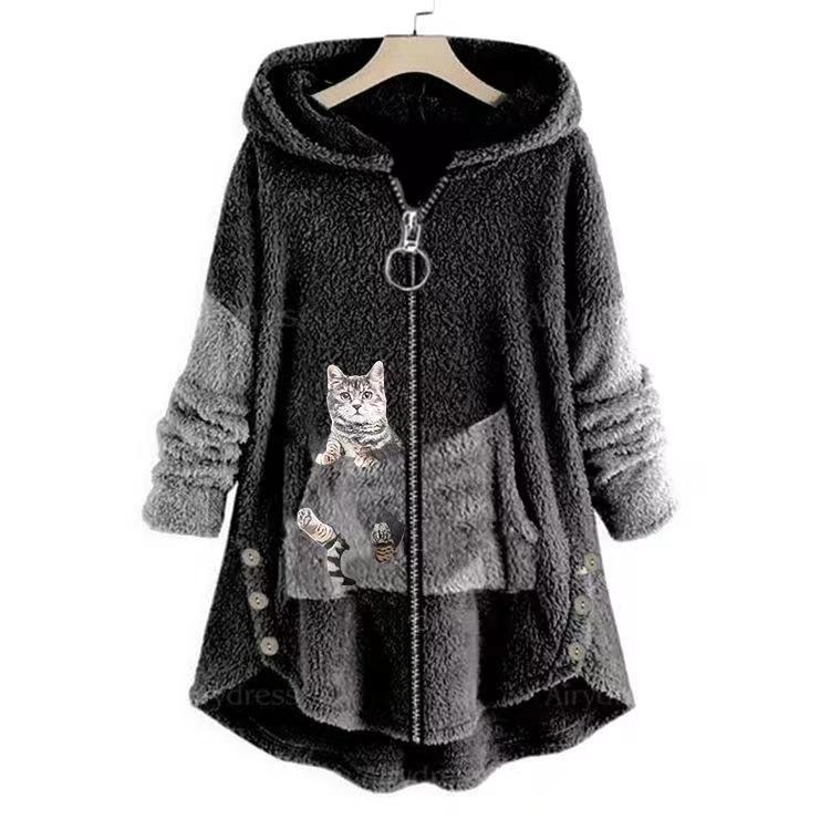 Natalie Fairchild | Cozy Cat-Print Hooded Fleece Coat For Women
