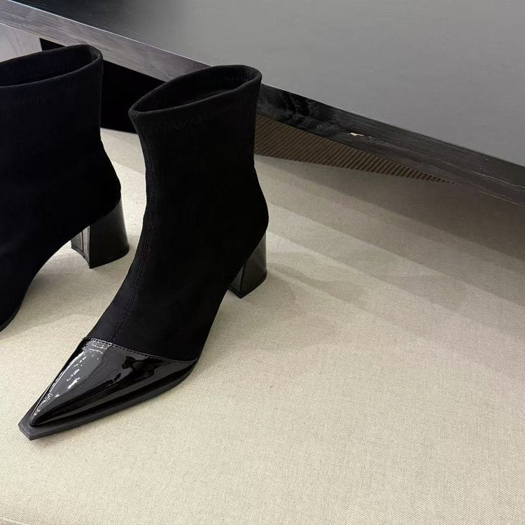 Delphine Ravel | Pointed-Toe Chunky Heel Ankle Boots For Women
