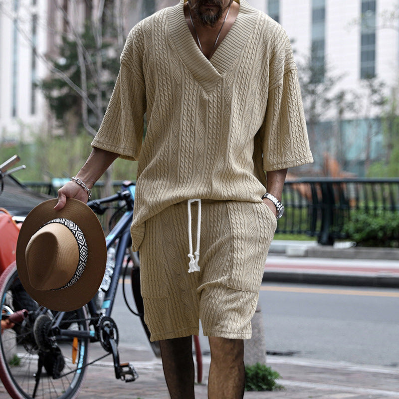 Tanner Ironwood | White Cable Knit T-Shirt & Shorts Set For Men