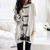 Nathalie Beauregard | Cat Print Long Sleeve Tunic Top For Women