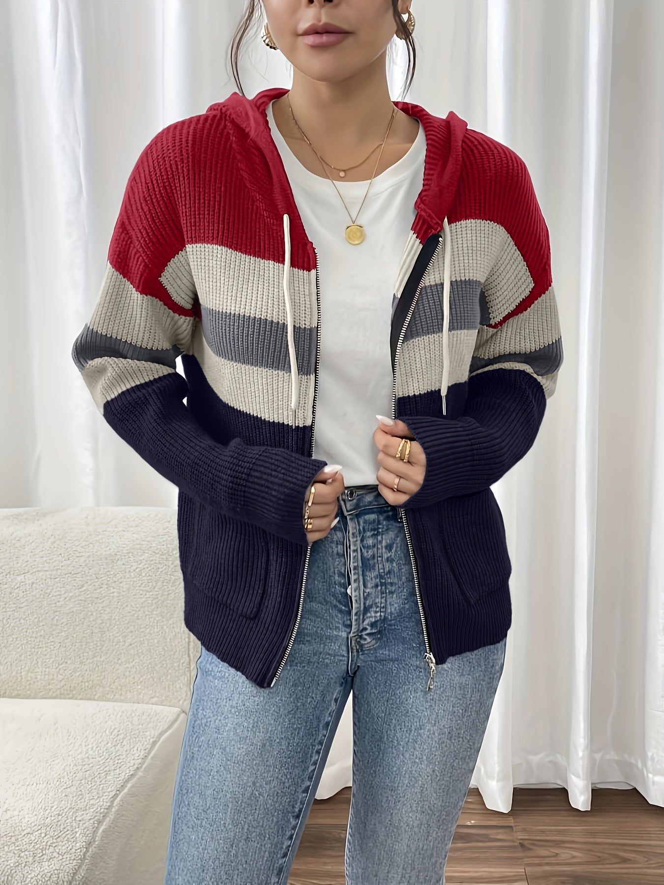 Harriet Devon | Colour-Block Zip Hoodie With Ribbed Knit For Women