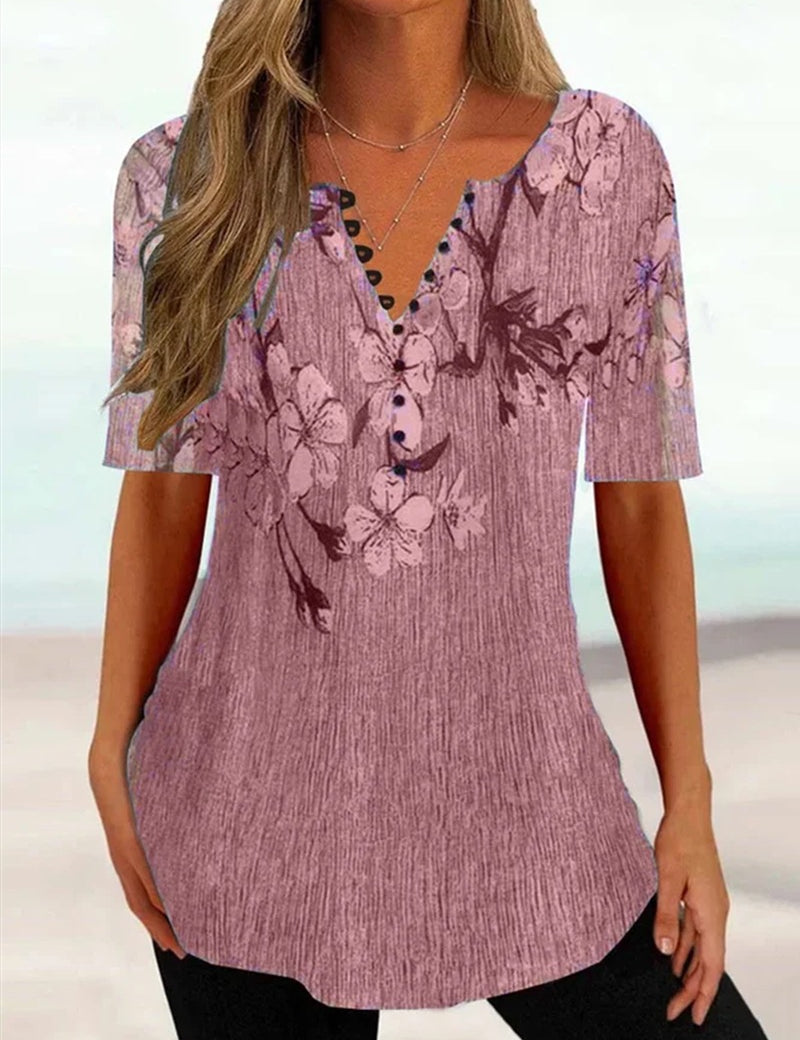 Charlotte Winslow | Floral Button V-Neck Top For Women