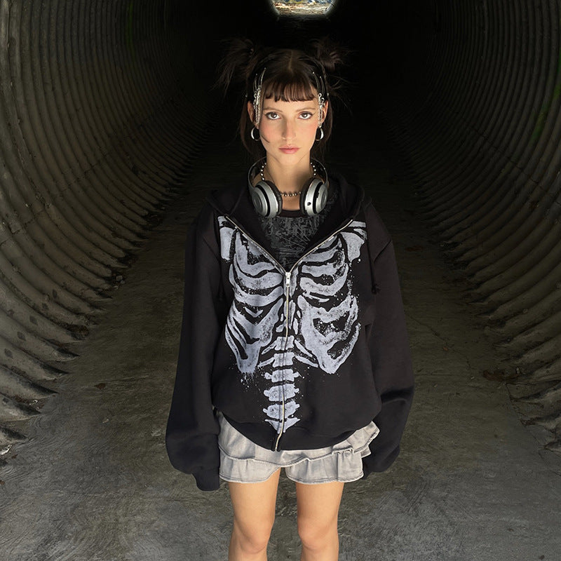 Nina Delvaux | Skeleton Print Zip-Up Hoodie For Women