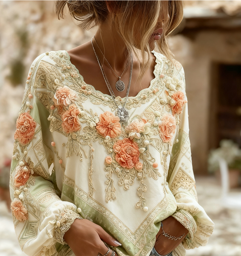 Ines Delacourt | Floral Embroidered Boho Blouse For Women