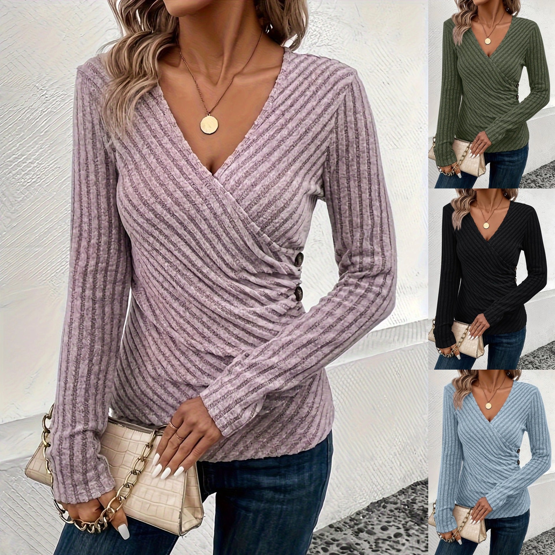 Marielle Costanzo | Wrap V-Neck Ribbed Long Sleeve Top For Women