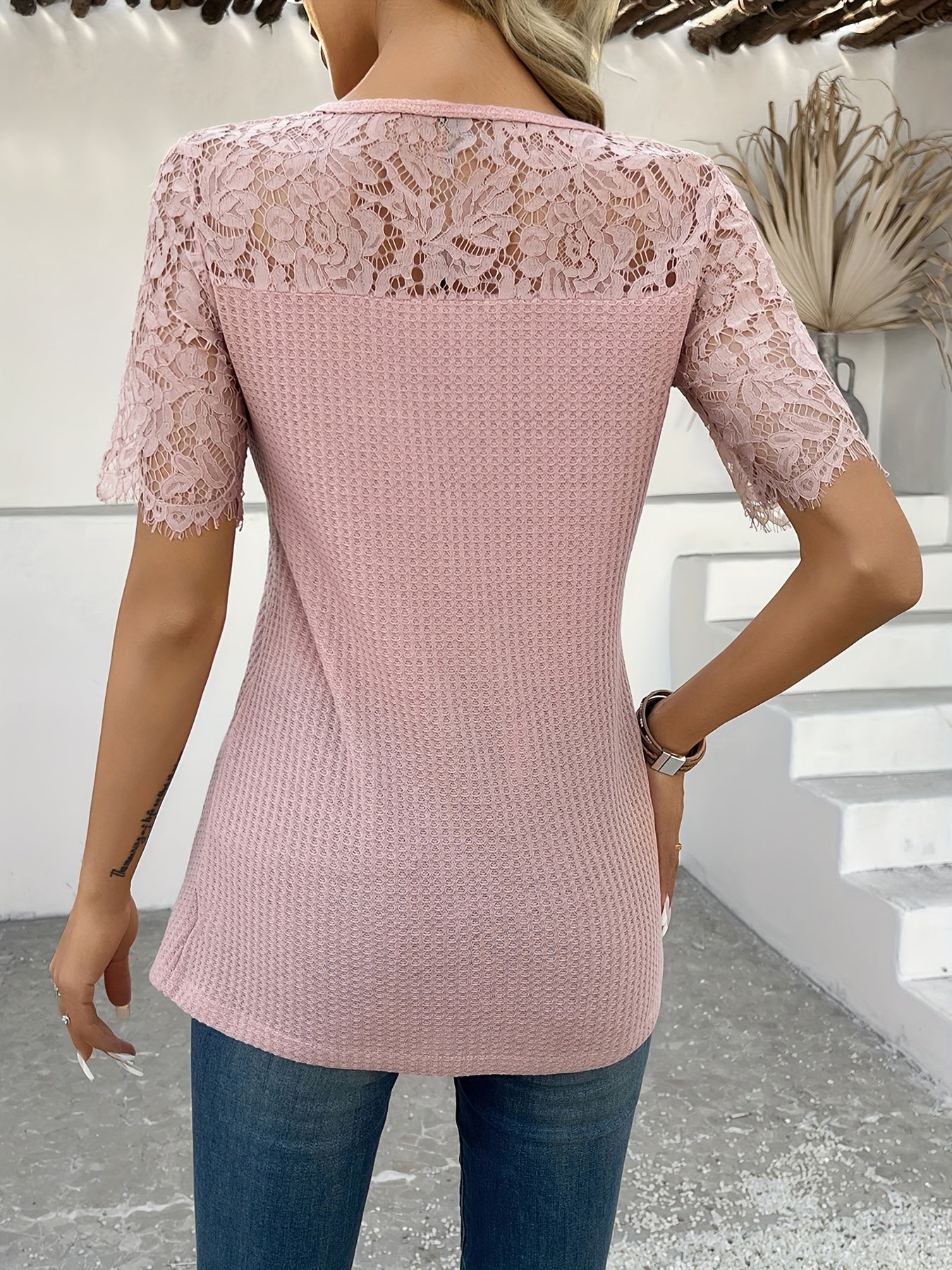 Ophélie Vasnier | Waffle Knit Top With Lace-Trimmed Sleeves