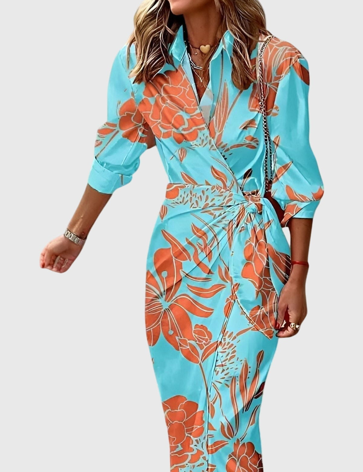 Delphine Vauclaire | Orange & Pink Geometric Print Wrap Midi Dress