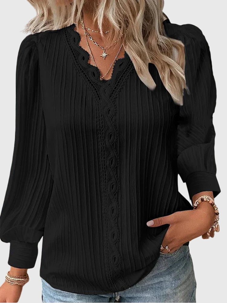Céleste Fontaine | Yellow Lace Trim V-Neck Pullover Blouse