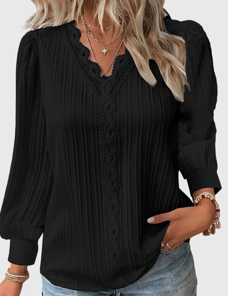 Céleste Fontaine | Yellow Lace Trim V-Neck Pullover Blouse